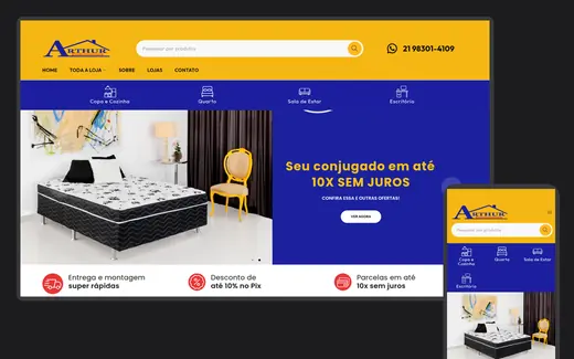 Site da Arthur Móveis no desktop e no celular, com o catálogo dividido por ambiente e o botão de WhatsApp visível na tela do celular.