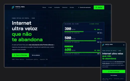 Site da Portel Fibra Telecom no desktop e no celular, com a chamada de internet por fibra óptica em Portel, no Pará, e o botão de contato.