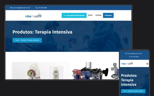Página de produtos de terapia intensiva do site da Vibemed no desktop e no celular, mostrando a lista de itens da linha hospitalar com o telefone de contato.