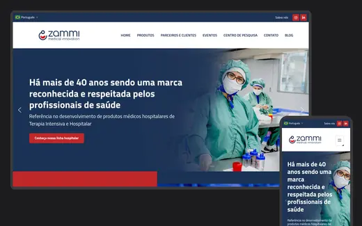 Site da Zammi Medical Innovation aberto em um monitor de desktop e, ao lado, a mesma página em um celular, com o menu de produtos médicos hospitalares visível.